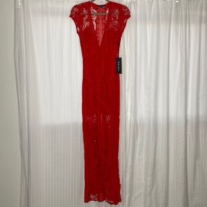 For love & lemons red lace sheath maxi dress